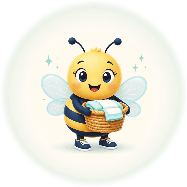 BusyBee mascot flying with a laundry basket