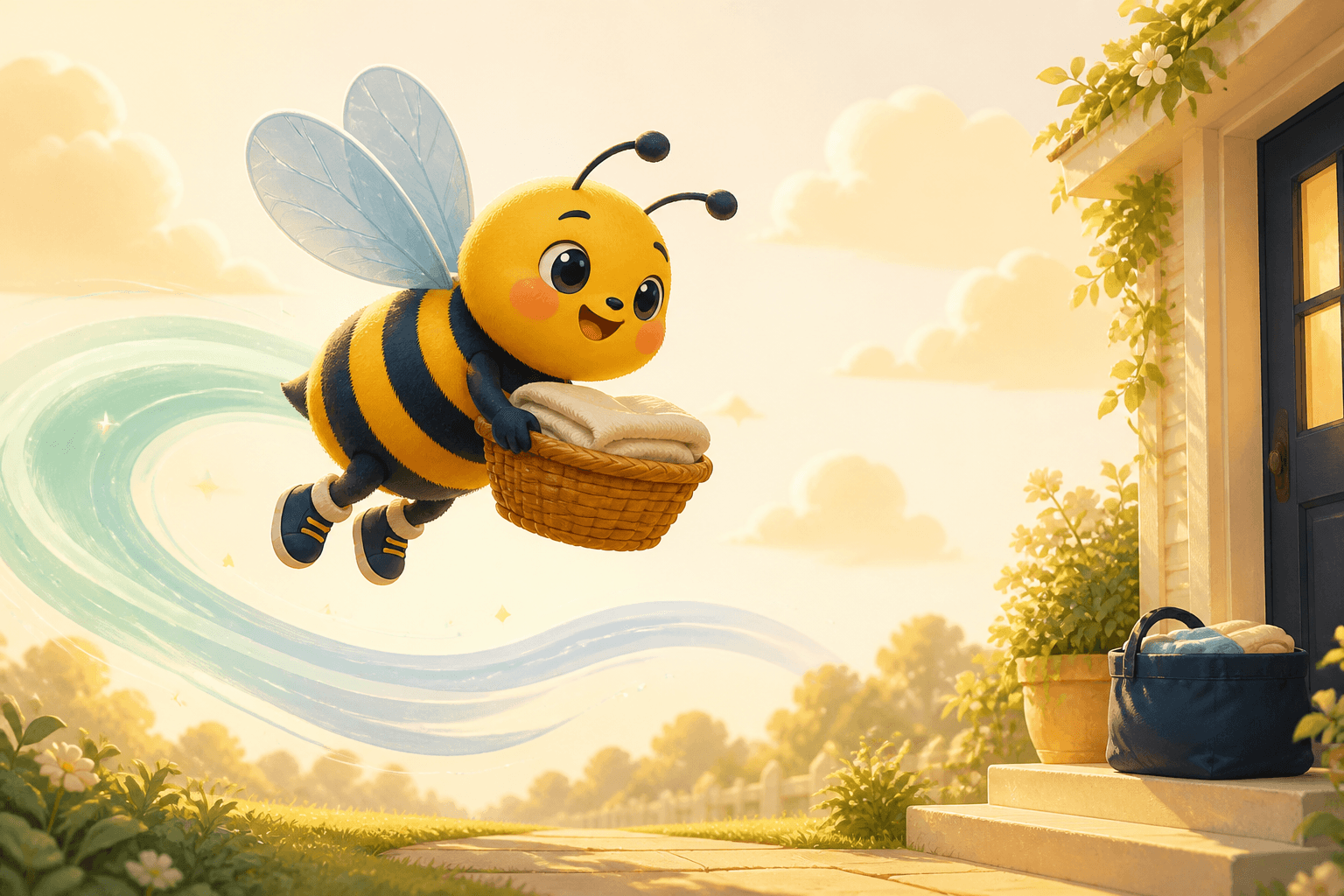 BusyBee flying with a laundry basket on a local Stirchley round