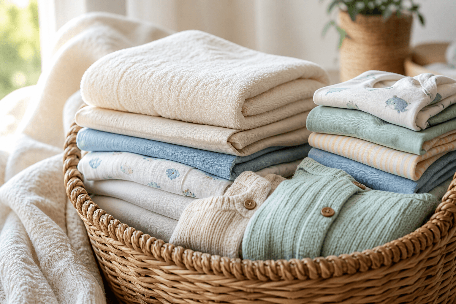 A family laundry basket of neatly folded clothes