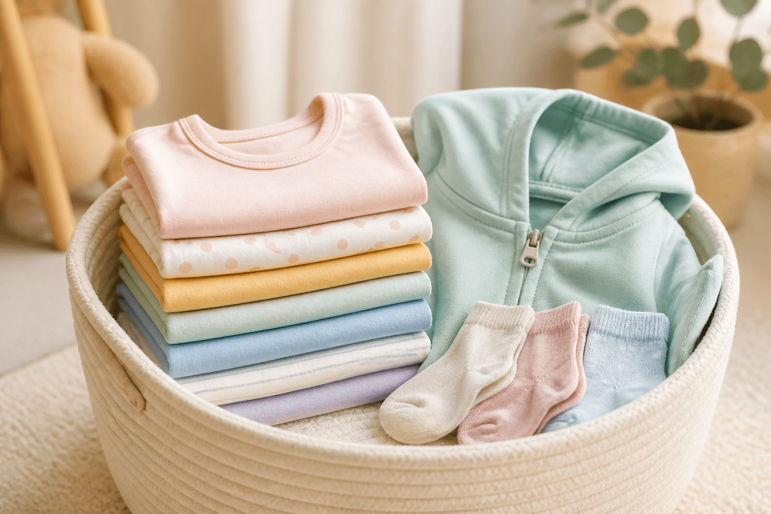 A small basket of folded children’s clothes